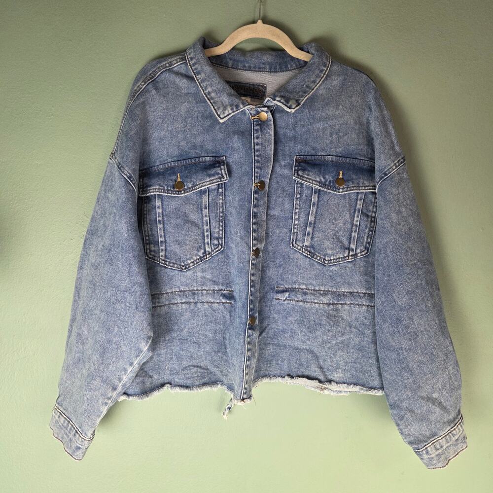 Maurices Womens Denim Blue Jean Unhemmed Distressed Frayed Hem Button Jacket 2X